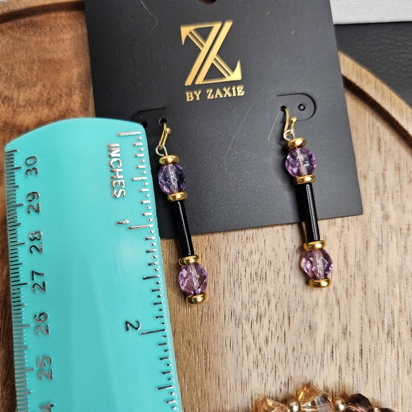 Jewelry Set 1 Pair Pierced Earrings 3 Stretch Bracelets Purple Beaded Gold Tone - Picture 6 of 7